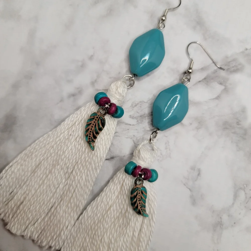 Handmade Tassel Earrings Beaded Turquoise Fuchsia and Feathers boho Hippie